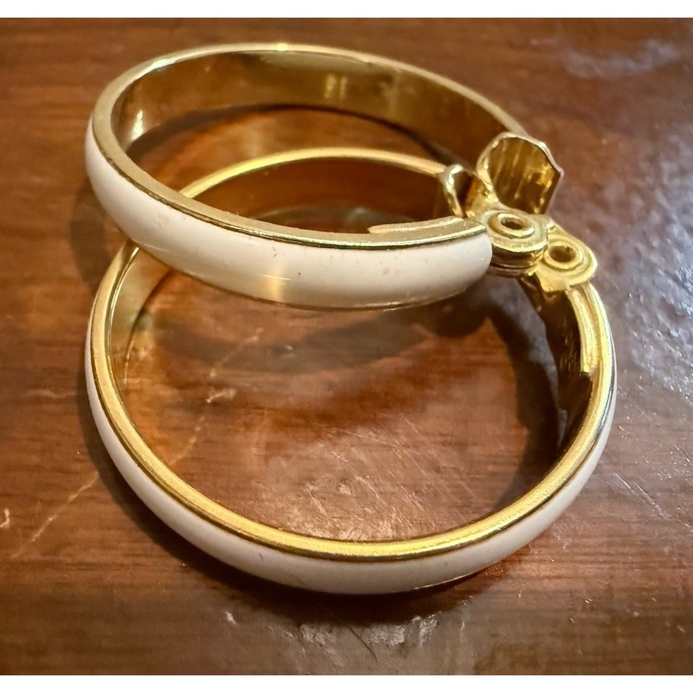 Vintage Monet White & Gold-Tone Clip-On Hoop Earrings